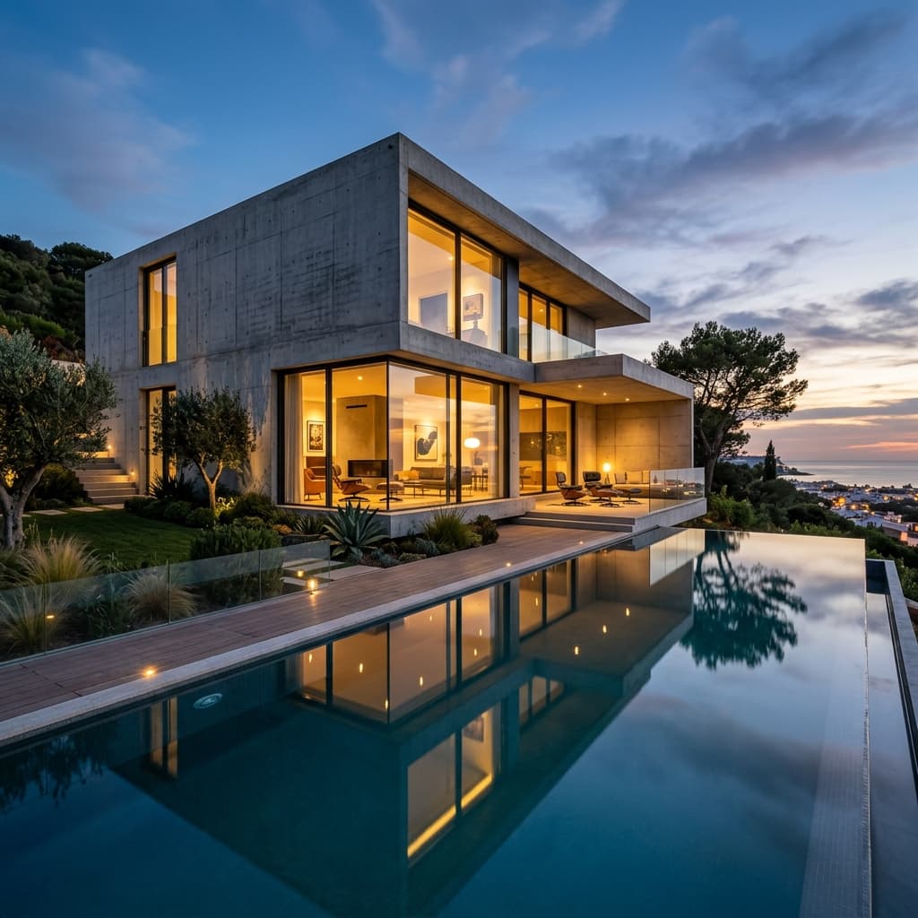Modernist luxury concrete villa with glass walls at dusk